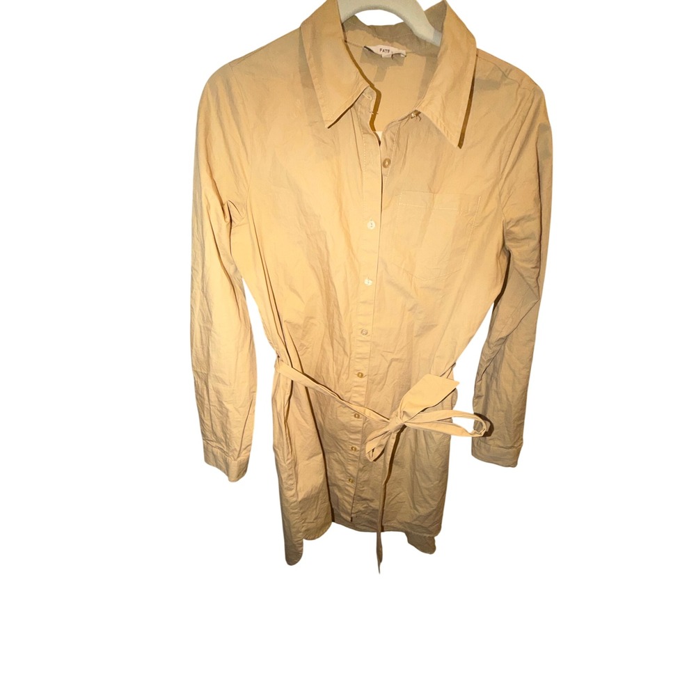 Fate Womens Tan Khaki Long Sleeve Button Down Shirt Dress with Waist Tie Small